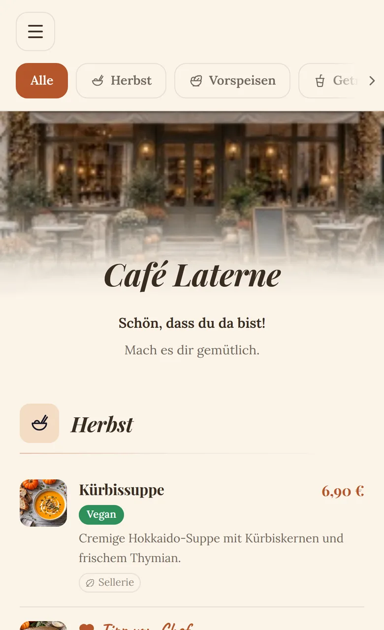 The finished guest menu of Café Laterne on a phone