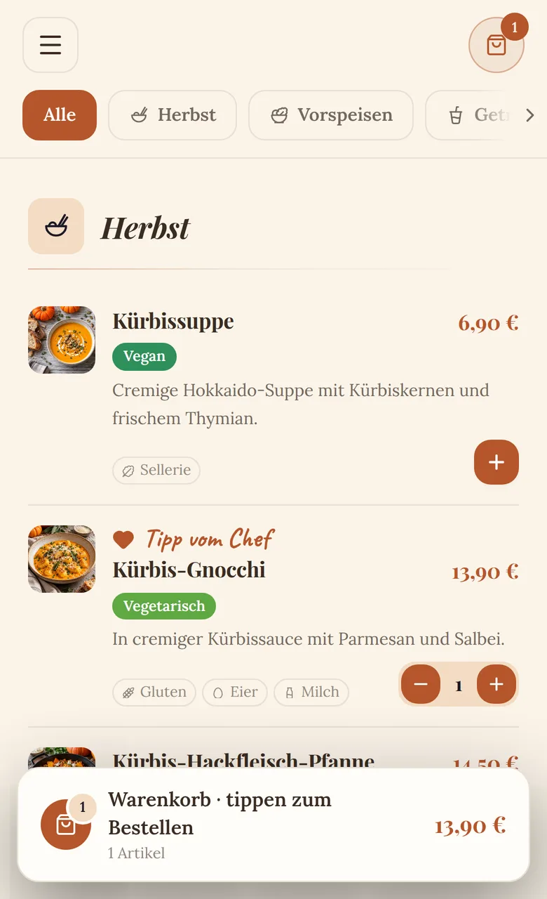 The same menu with the ordering portal, one dish in the basket