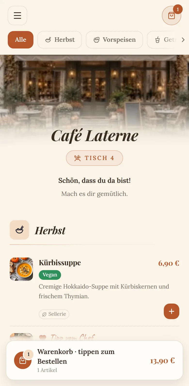 Dieselbe Karte mit Bestellportal, ein Gericht liegt im Warenkorb