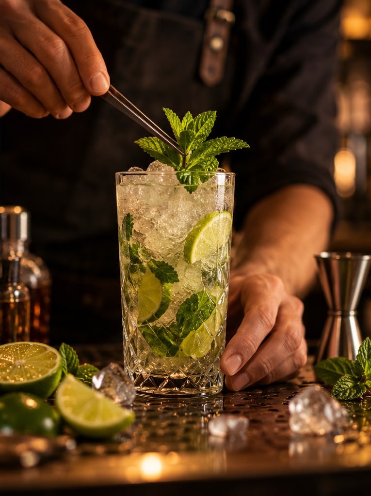 Ein Mojito wird mit Minze garniert