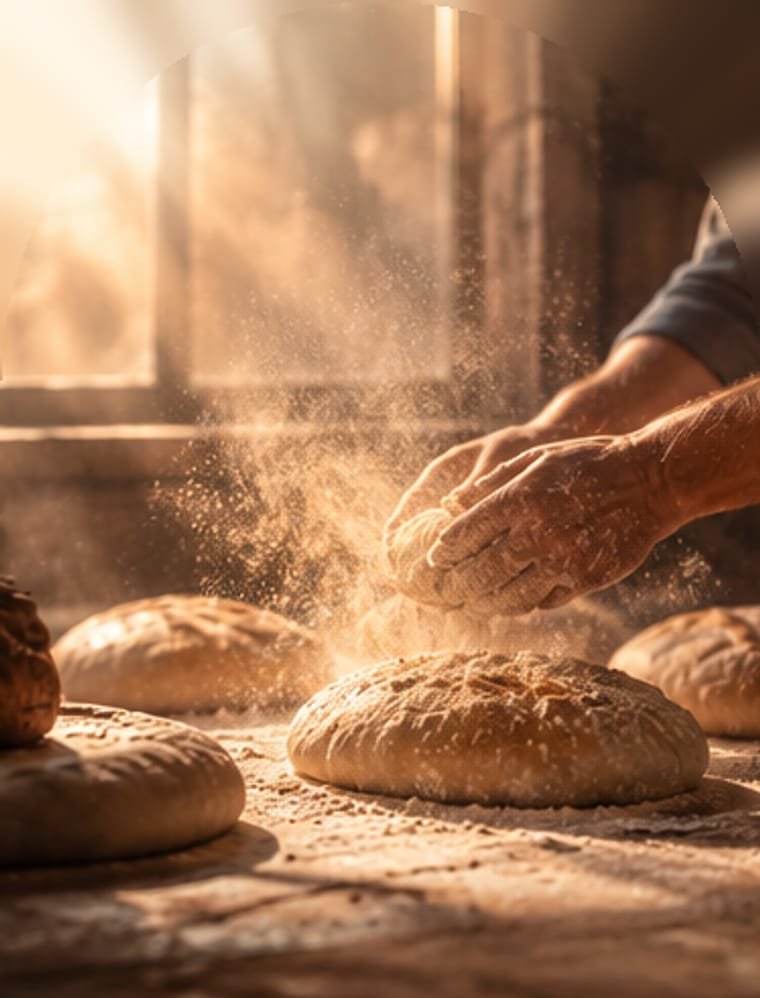 In der Backstube: Hände formen Brot im Mehl